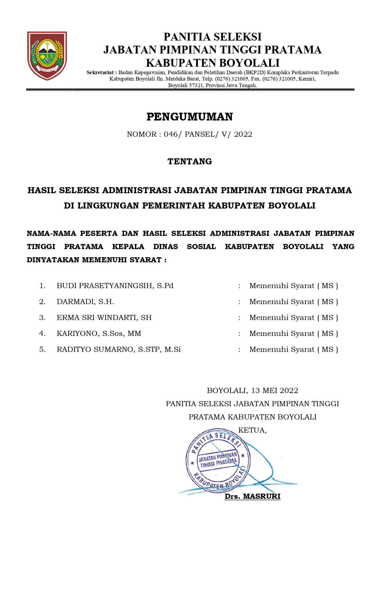 Pengumuman seleksi administrasi JPT Pratama Kab Boyolali Tahun 2022
